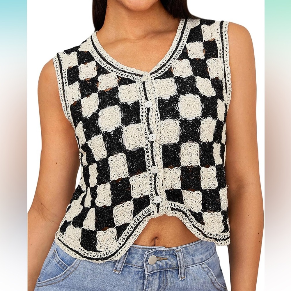 Black and White Crochet Checkered tank